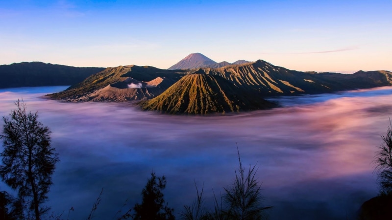 sunset, sunrise, phenomenon, land, crater lake, no people, nature, tree, dawn, geology, java, indonesia, tranquil scene, mount bromo, cloud - sky, national park