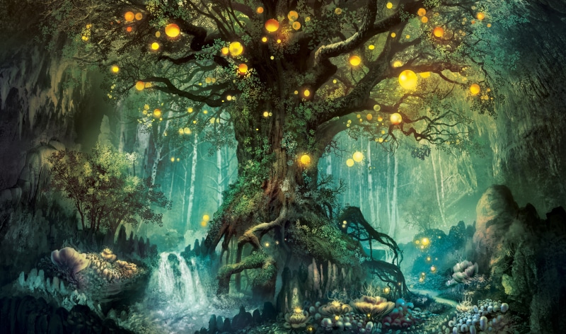 tree trunk, mystery, day, tranquility, illustration, Forest, spooky, rainforest, light - Natural Phenomenon, multi Colored, growth, nature, dark, season
