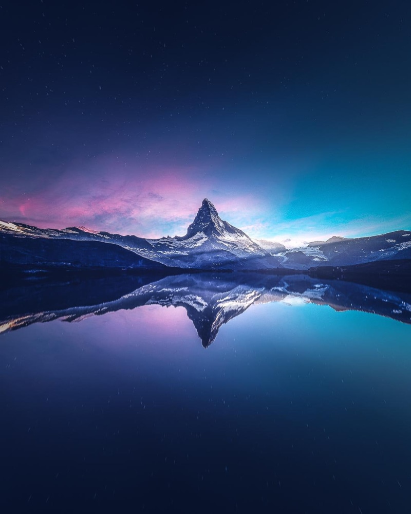landscape, reflection, star - space, environment, 720P, body, snow, Matterhorn, lake, water, mountain, mountains, tranquil scene, winter, night, sky, beauty in nature