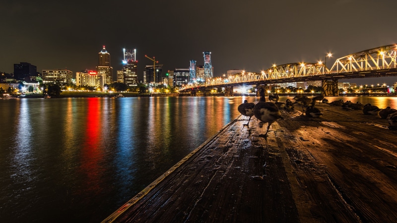 office building exterior, night, urban skyline, bridge, water, connection, hd, modern, river, oregon, travel destinations, cityscape, desktop, skyscraper