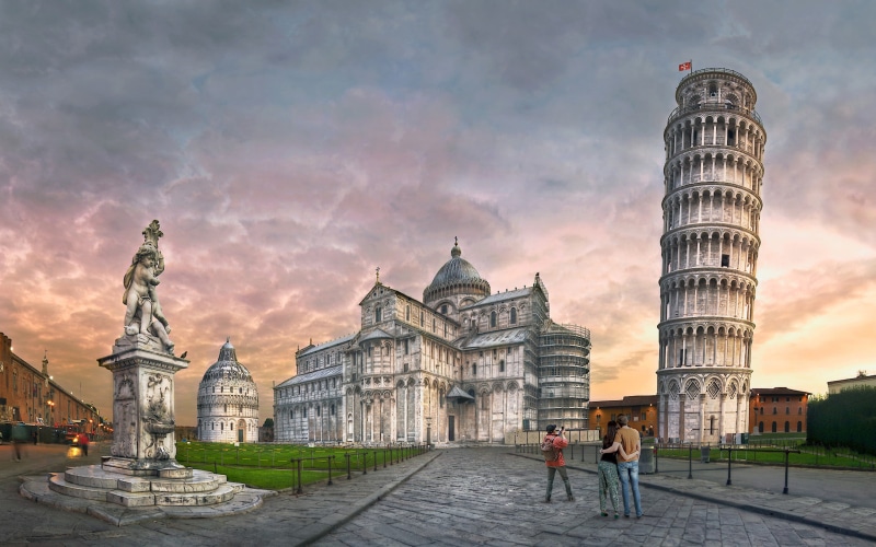cloud - sky, two people, travel, italy, sky, history, sunset, icon, travel destinations, miracoli, adult, 4K, outdoors, tourism, computer, pisa