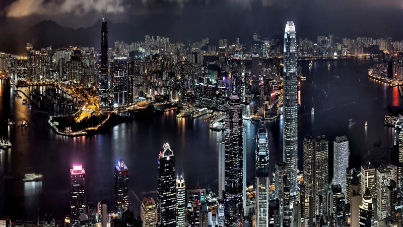 crowded, river, night, lights, skyscrapers, hd, skyscraper, architecture, financial district, built structure, urban skyline, buildings, nature