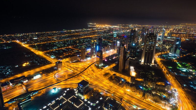 4K, streets, light trail, emirates, office building exterior, building exterior, motion, photograph, illuminated, city, high angle view, aerial view, arab
