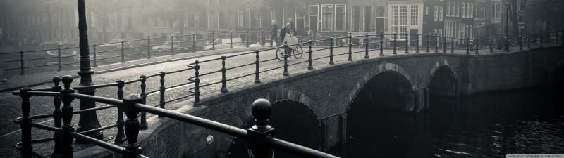 high angle view, outdoors, multiple display, panoramic, city, arch bridge, grayscale, monochrome, no people, building exterior, built structure, water