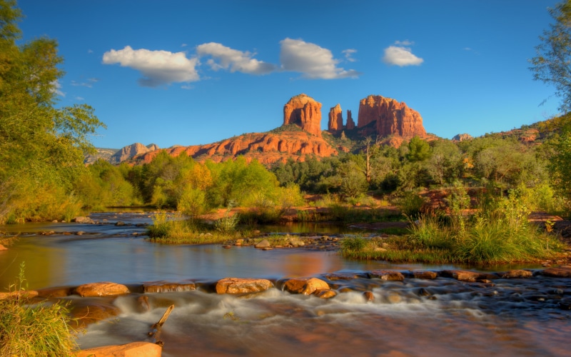 arizona, tranquility, outdoors, rock formation, cloud - sky, tree, plant, formation, nature, eroded, tranquil scene, water, cathedral, rock - object