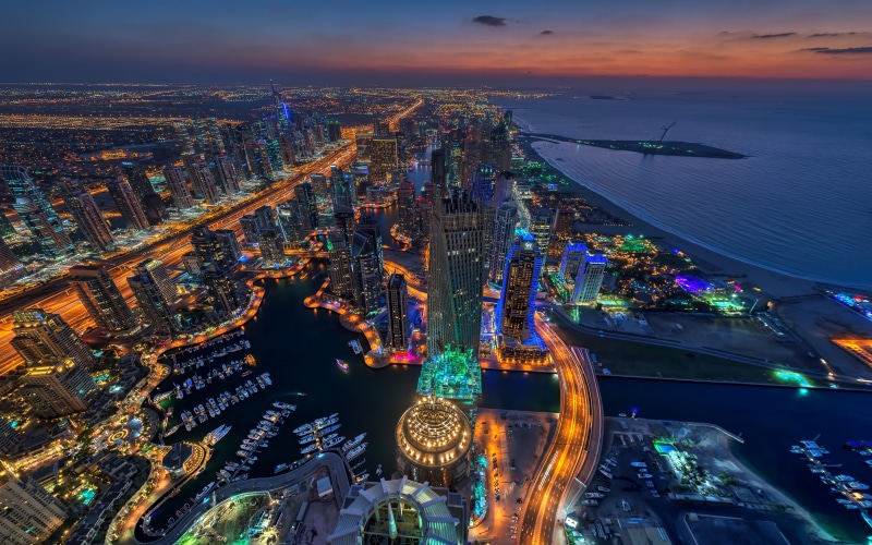 night, building, skyscraper, 5K, water, dubai, blackout, marina, cloud - sky, horizon, nature, emirates, photography, built structure, united, financial district