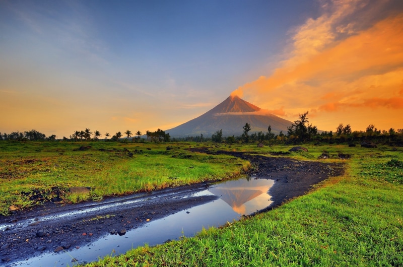 Park, travel, travel destinations, Mayon, mountain, no people, sky, sunset, plant, reflection, grass, beauty in nature, water, cloud - sky, tranquil scene