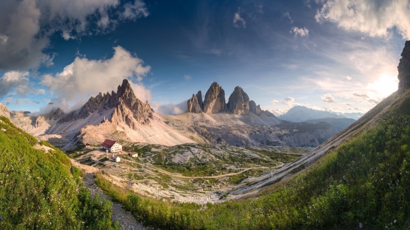 field, Dolomites (mountains), mountain, travel destinations, tranquility, mountain peak, panoramic, outdoors, 1080P, nature, mountains, green, sunlight