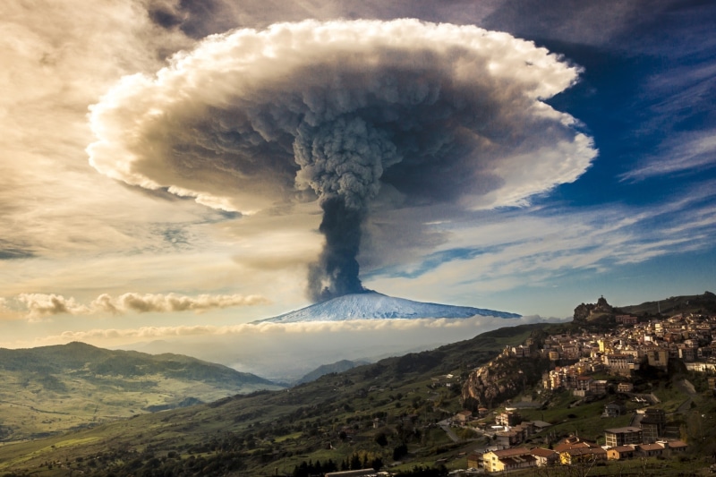 outdoors, scenics - nature, landscape, sky, mountain, Etna, volcano, clouds, motion, Sicily, Snowy Peak, nature, day, mushroom, town, smoke - physical structure