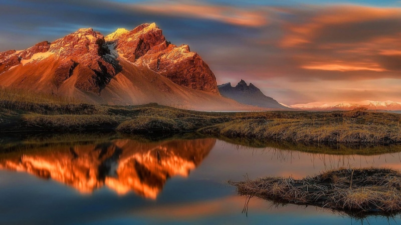 reflection, mountainous landforms, hill, reflected, morning, highland, loch, wilderness, national park, sky, mountain, dawn, vestrahorn, iceland, formation