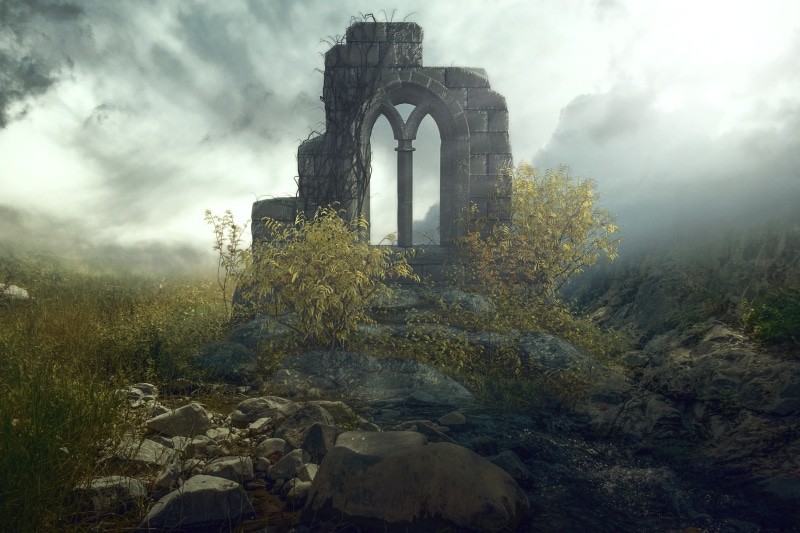 plant, building exterior, ancient civilization, tree, composing, old ruin, light, travel, architecture, book cover, fog, landscape, sky, mystery, fairytale