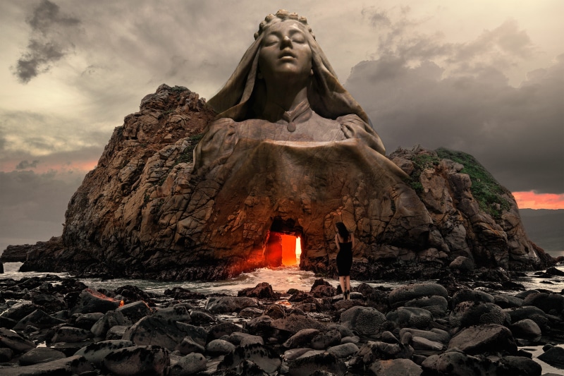 door, beauty in nature, dramatic sky, atmosphere, mysterious, rock, rocks, fire, rock - object, landscape, low angle view, dark, nature, 4K, no people