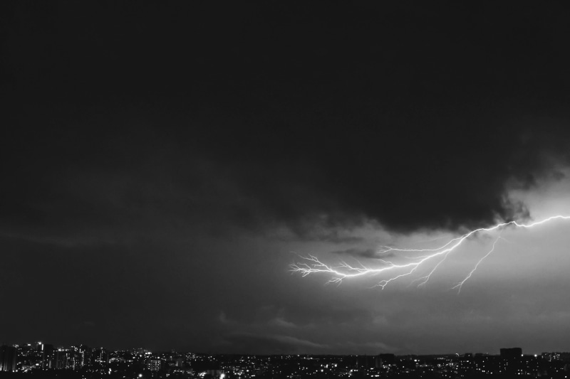 lighting, electricity, city, rain, thunderstorm, dark, warning sign, dramatic Sky, beauty in nature, strike, storm cloud, grayscale, ominous, no people