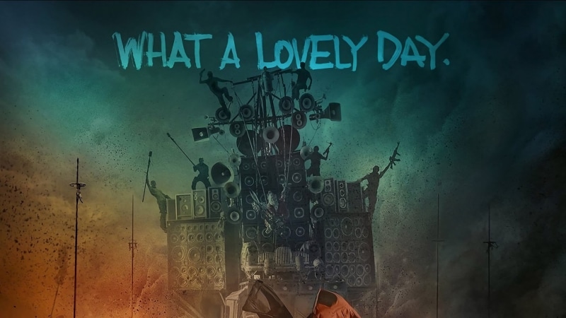 digital, quote, 2K, standing, sign, composite image, body part, speakers, nature, city, western script, indoors, Mad Max, digital composite