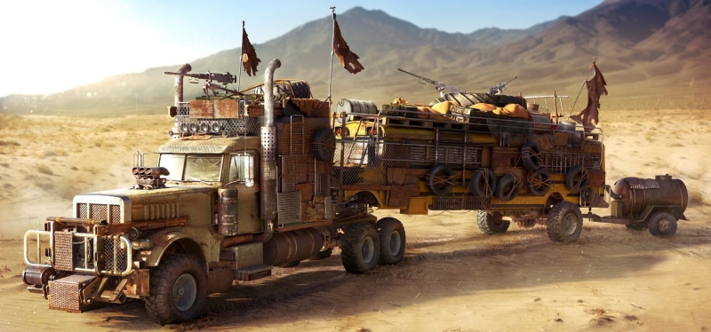 truck, art, bulldozer, land, landscape, road, mode of transportation, environment, brown, digital, land vehicle, field, vehicle, construction industry