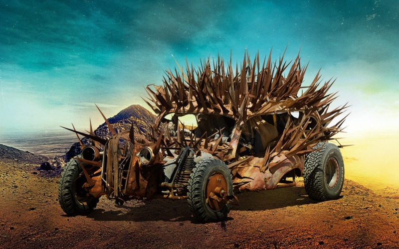 Mad Max, no people, land, nature, beach, sea, land vehicle, animal themes, animal, sunlight, water, mode of transportation, movies, day, group of animals
