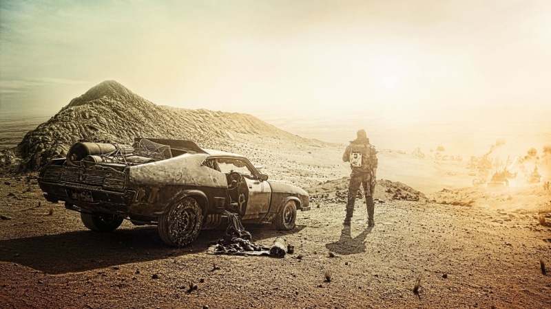 motorcycle, desert, beside, road, mountain, outdoors, Mad Max: Fury Road, astronaut, sky, land, land vehicle, dirt road, vehicle, day, men, architecture