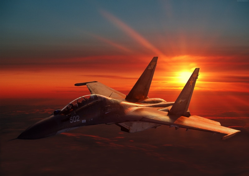 Sukhoi, fighter, 4K, aircraft, Russia, Su-30, Russian Air Force, Flanker-C, sunset