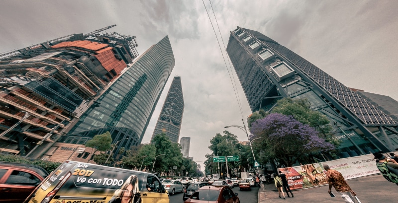 building, reforma, architecture, outdoors, mexico city, people walk, modern, mexico, bbva, car, cloud - sky, building exterior, cityscape, cdmx, built structure