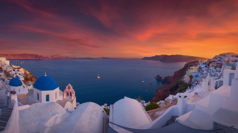 Church, sunset, Santorini, The Aegean sea, Greece, home, sea, 1080P, Aegean Sea, Oia, building