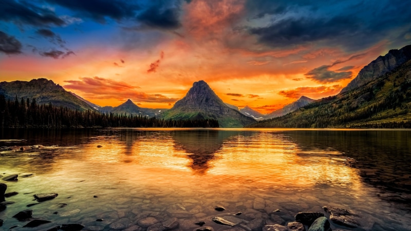 non-urban scene, afterglow, no people, tranquility, sunset, tranquil scene, idyllic, mountain, orange color, lake, wilderness, mountain range, sky, glacier national park