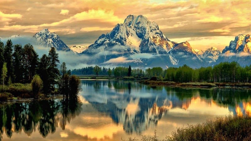 tranquility, jackson lake, lake, mountain range, sunset, reflect, landscape, idyllic, water, tree, no people, beauty in nature, tranquil scene, reflection lake