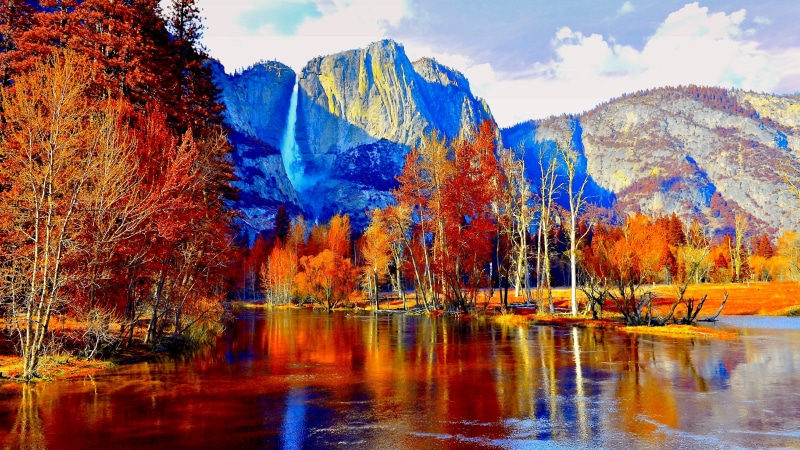 mount scenery, reflection, united states, landscape, autumn, sky, tourist attraction, yosemite national park, painting, 4K, computer, water