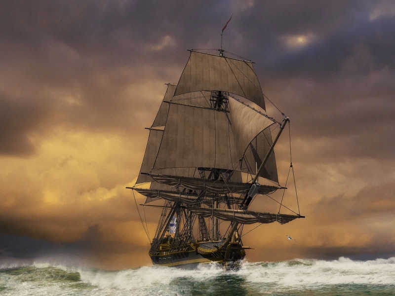 no people, storm, cloudscape, passenger Ship, beauty in nature, sail, pirate - Criminal, industrial Ship, yacht, wave, galleon, mode of Transport, nature