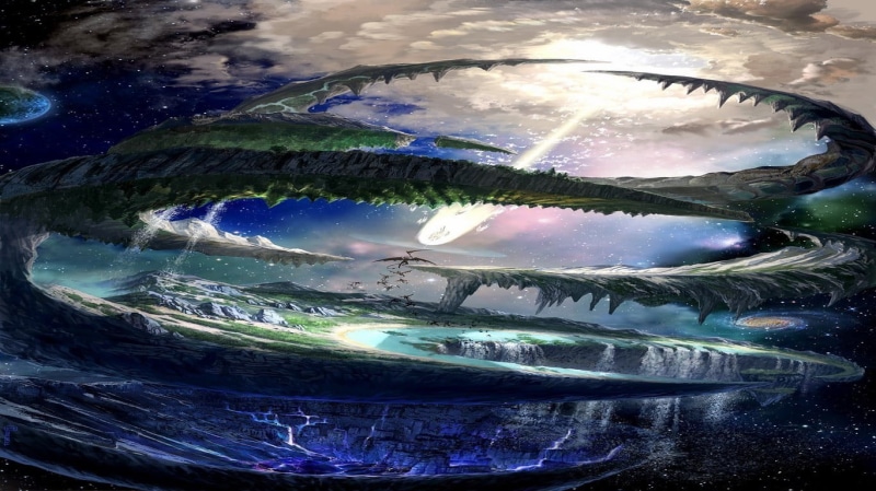 space, outdoors, close-up, cold temperature, day, water, sunlight, transparent, sky, reflection, artwork, space art, digital composite, cloud - sky, blue