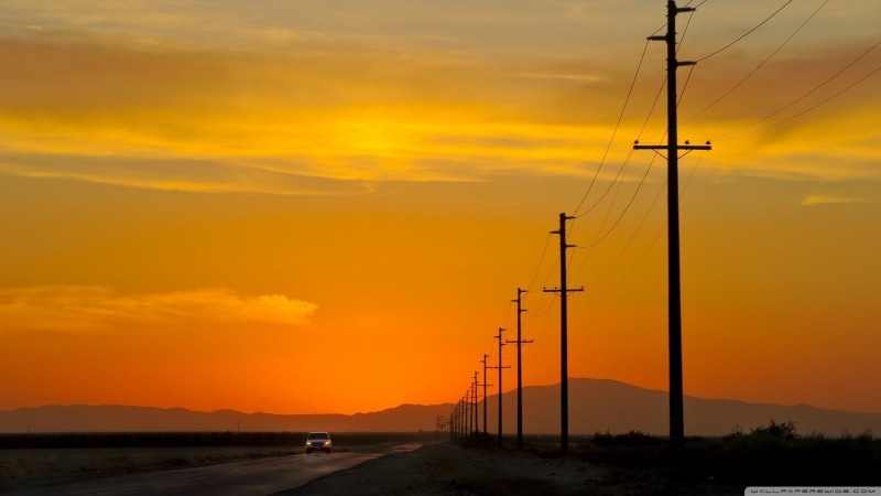 road, sunset, landscape, 720P, nature, mountains, power lines