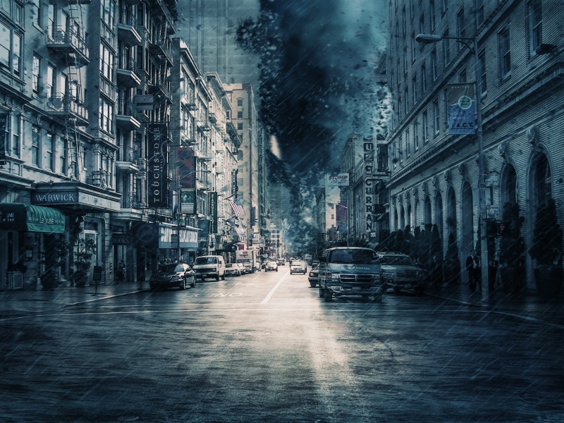 1080P, torrential rain, land vehicle, motor vehicle, cityscape, digital composite, no people, office building exterior, built structure, powerful, painting