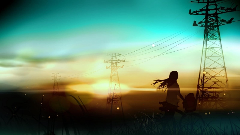 nature, anime girls, real people, dusk, lifestyles, tower, electricity, anime, silhouette, 1080P, sky, beauty in nature, sunset, electricity pylon, power supply