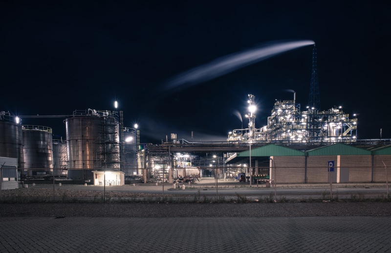 lighting equipment, no people, factory, business, manufacturing, building exterior, power, production, chimney, nature, transportation, building, city