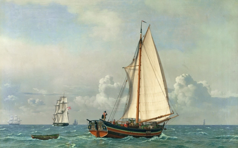 transportation, day, architecture, brown, water, classic art, men, sailing ship, mast, real people, sky, ship, painting, sea, pole, 1080P, sailboat, textured effect