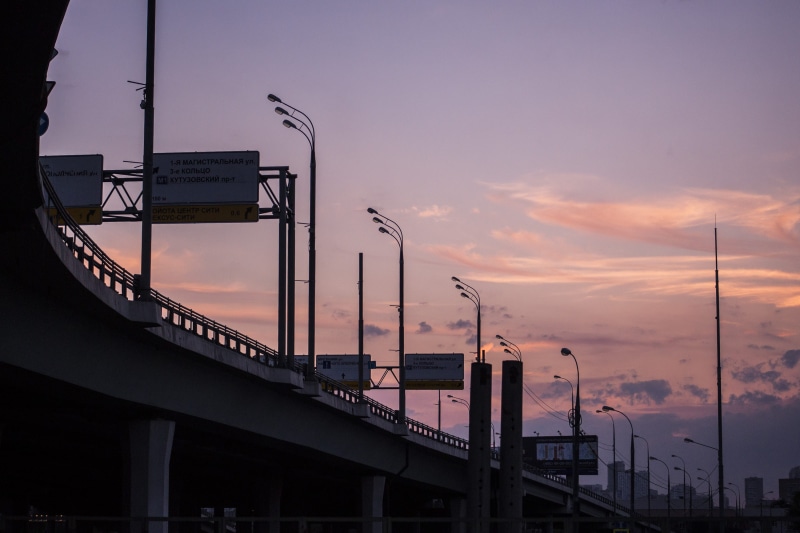 street light, moscow, 2K, skyway, urban, aesthetic, dark, built structure, highway, dusk, bridge, orange color, mode of transportation, nature, street