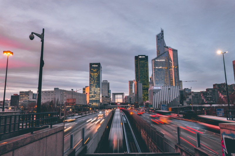 5K, paris, outdoors, france, no people, canon, cityscape, built structure, skyscraper, street light, pink, building exterior, defense, street, transportation