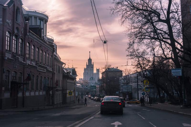 clouds, car, colors, built structure, city street, road, city, cloud - sky, nature, architecture, photos, sunset, aesthetic, autumn, russia, building, transportation