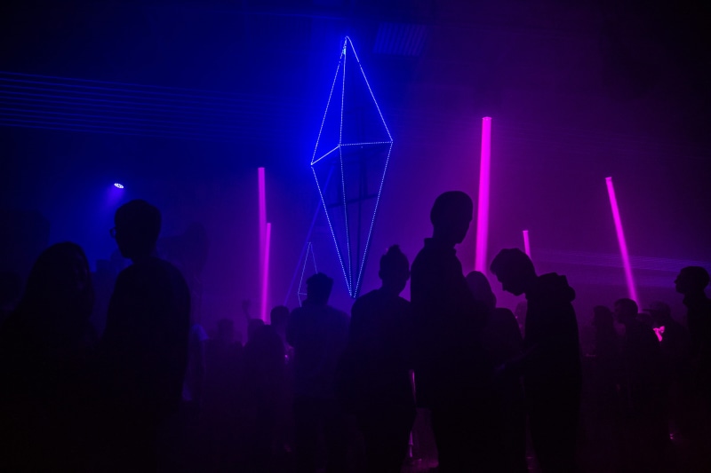 group of people, event, gathered, surrounded, purple, positive emotion, stage, 2K, contrast, performance, night, bar, mood, photography, silhouette, excitement