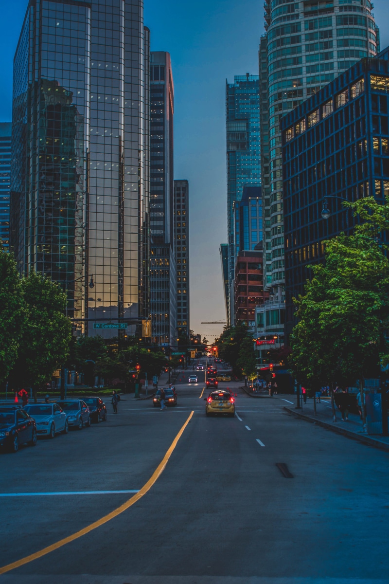 sky, 5K, financial district, office, city, car, travel, land vehicle, transportation, motor vehicle, mode of transportation, city life, city street, road