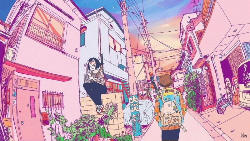 pink, drawing, Vinne, digital, wires, urban, Japan, street, 1080P, street art, colorful, city, building, digital art, mask, power lines, purple