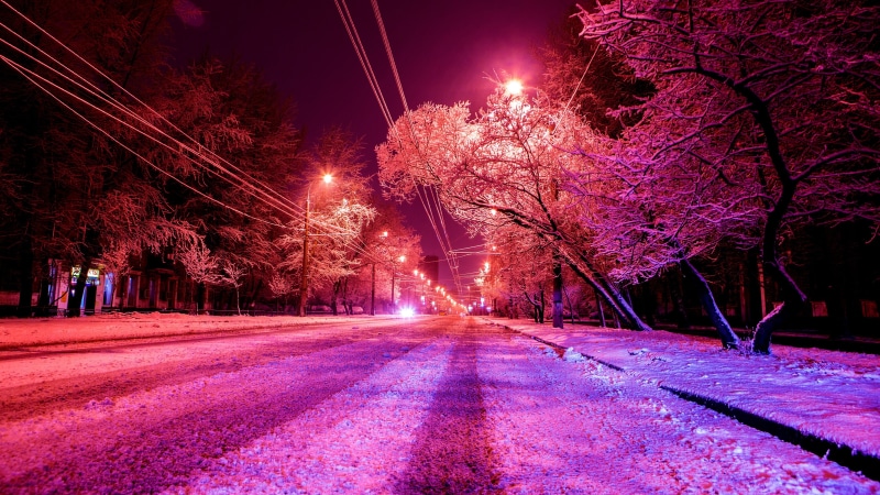 branch, purple, russia, road, moscow, light, lighting, hoarfrost, tree, frozen, street, 4K, night, snow, winter, frost, evening, pink