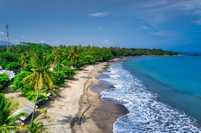 beach, drone view, fair weather, eye, blue sky, land, scenery, environment, coast, seaside, nature, tropical, blue, sunlight, birds eye view, tranquil scene