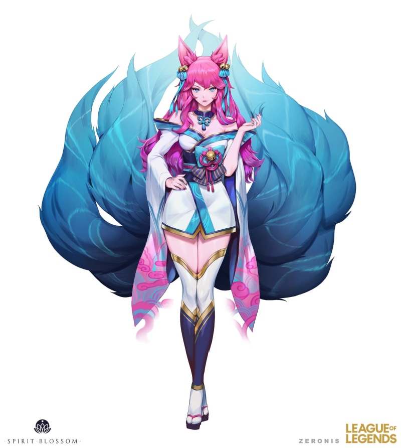 drawing, Ahri (League of Legends), League of Legends, fox girl, women, dress, pink hair, nine tails, white background, Ahri, 1080P, spirit blossom, Zeronis