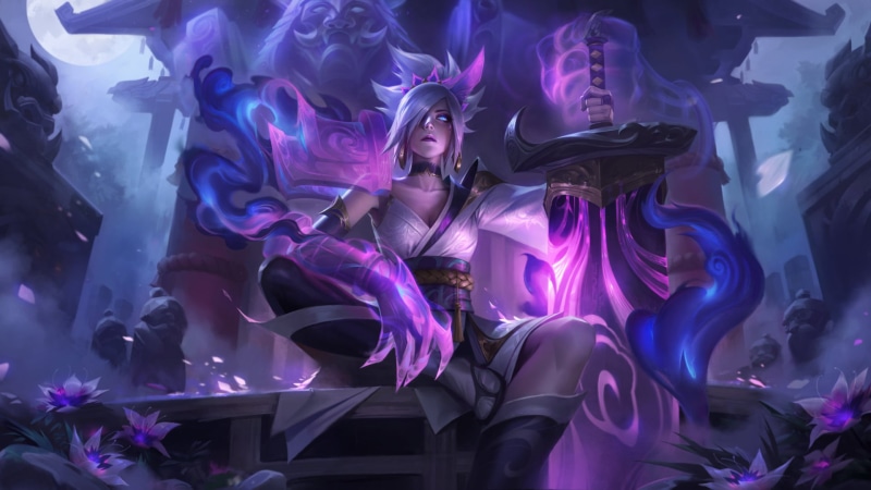 Riven (League of Legends), purple background, Riven, spirit blossom, 1080P, League of Legends, Riot Games