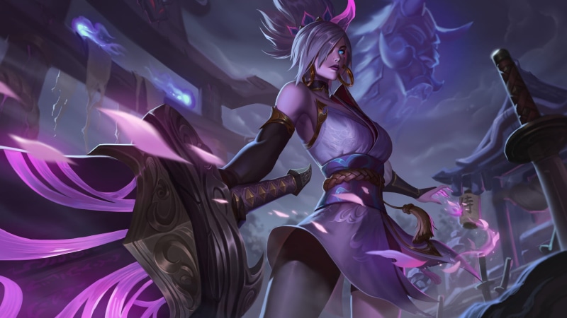 spirits, Unstable Anomaly, sword, spirit blossom, warrior, blue eyes, ponytail, drawing, glowing eyes, glowing, Riven (League of Legends), pink, weapon