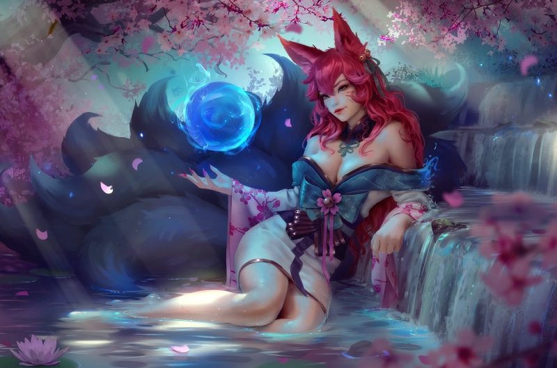 drawing, Zarory, video game characters, League of Legends, pink hair, fan art, wet, water, flowers, video game art, video game girls, fantasy art, Ahri