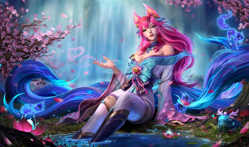 League of Legends, Ahri (League of Legends), Ayu, fox girl, cherry blossom, dress, spirit blossom, long nails, fantasy art, pink hair, blue, women, butterflies