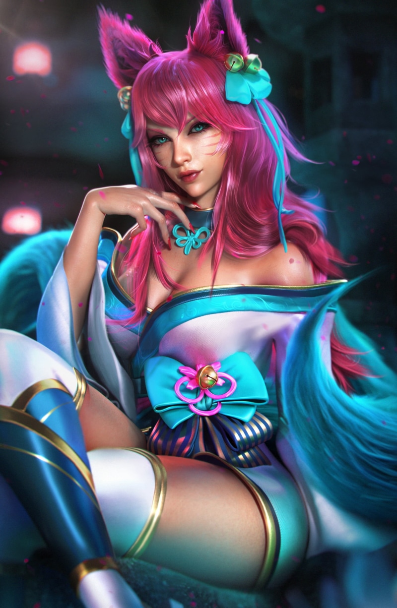 digital art, bare shoulders, Ahri (League of Legends), portrait display, artwork, CGI, thigh-highs, Sevenbees, spirit blossom, 1080P, looking at viewer