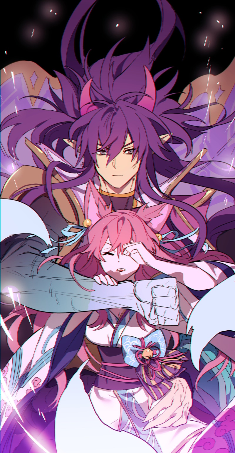 pink hair, Riot Games, fan art, illustration, spirit blossom, 4K, purple hair, fangs, Ahri (League of Legends), artwork, League of Legends, digital art