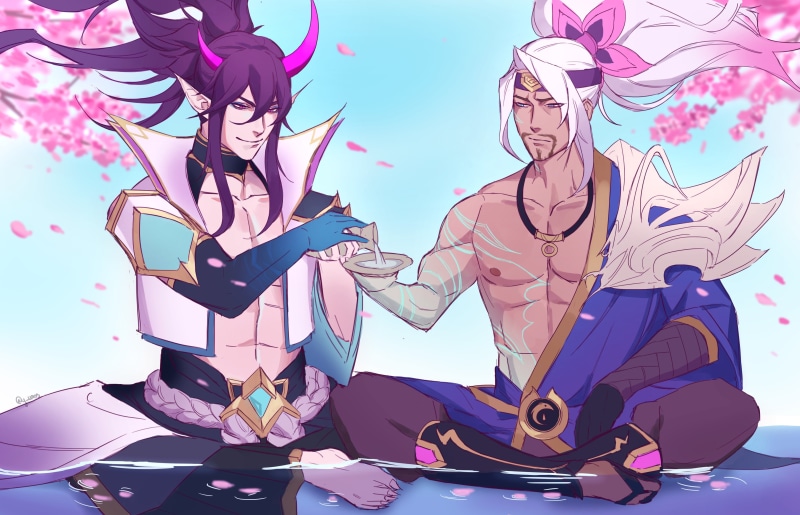 white hair, purple hair, purple eyes, digital art, illustration, fan art, artwork, beard, elf ears, blue eyes, League of Legends, Yasuo (League of Legends)